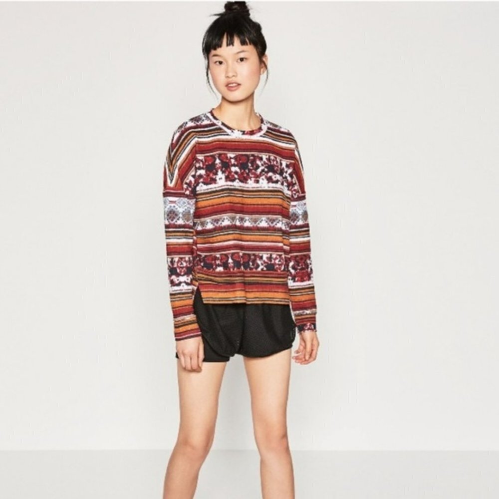 Zara Long Sleeve Red and Orange Graphic Top Size Small - Picture 2 of 8